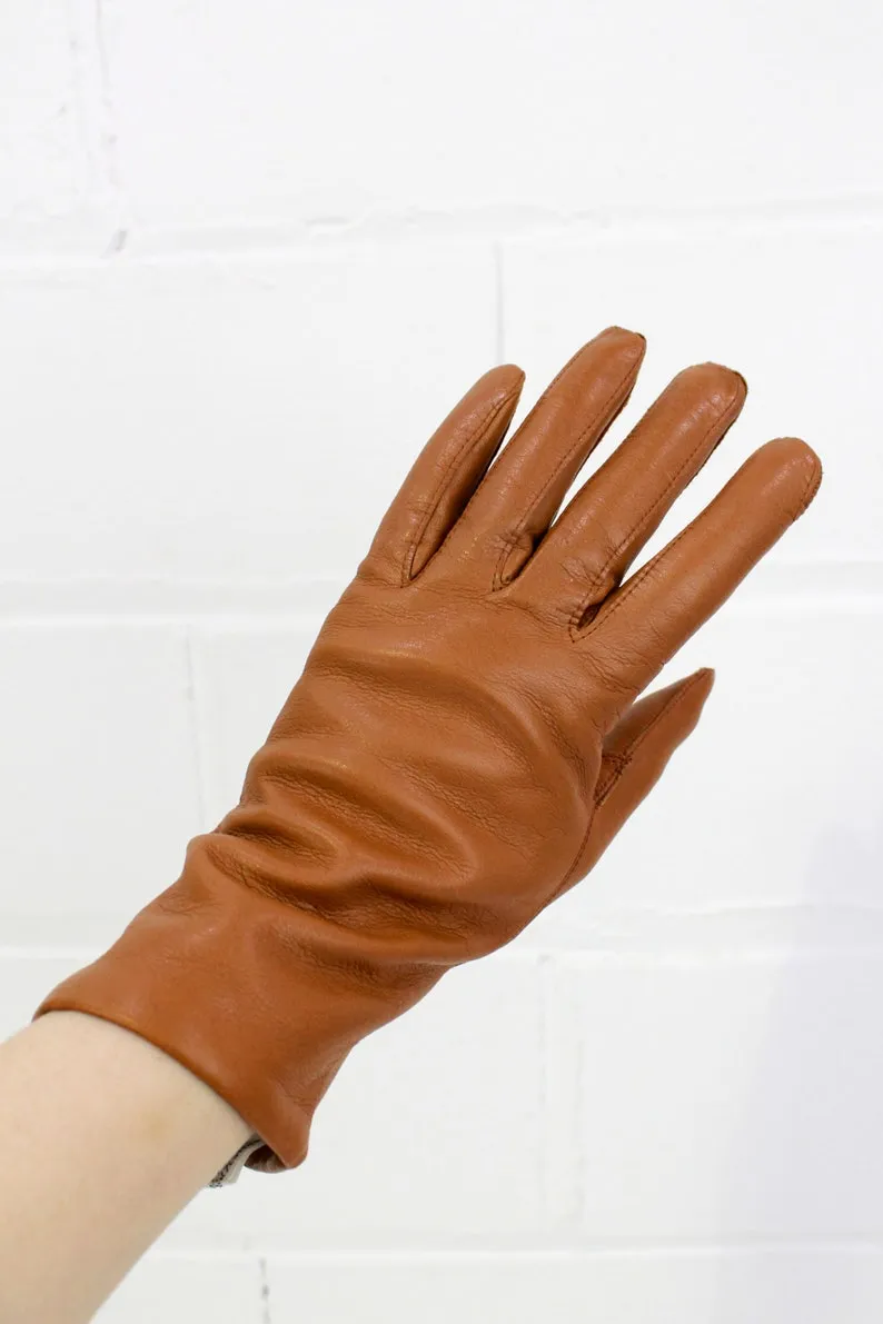 1970s Deadstock Tan Leather Wool Lined Gloves, Size 7