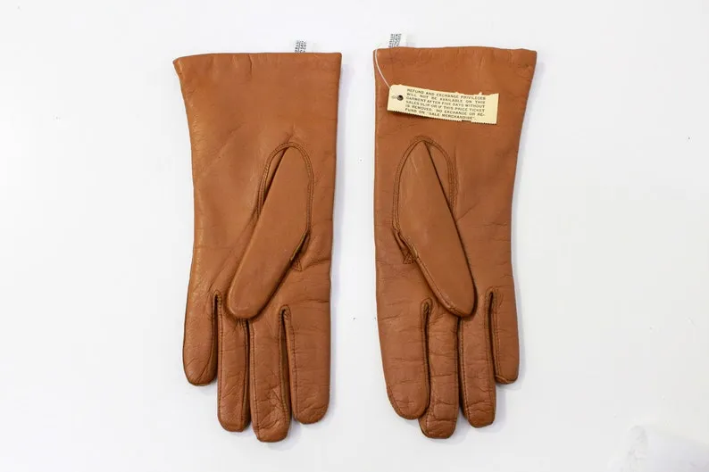 1970s Deadstock Tan Leather Wool Lined Gloves, Size 7