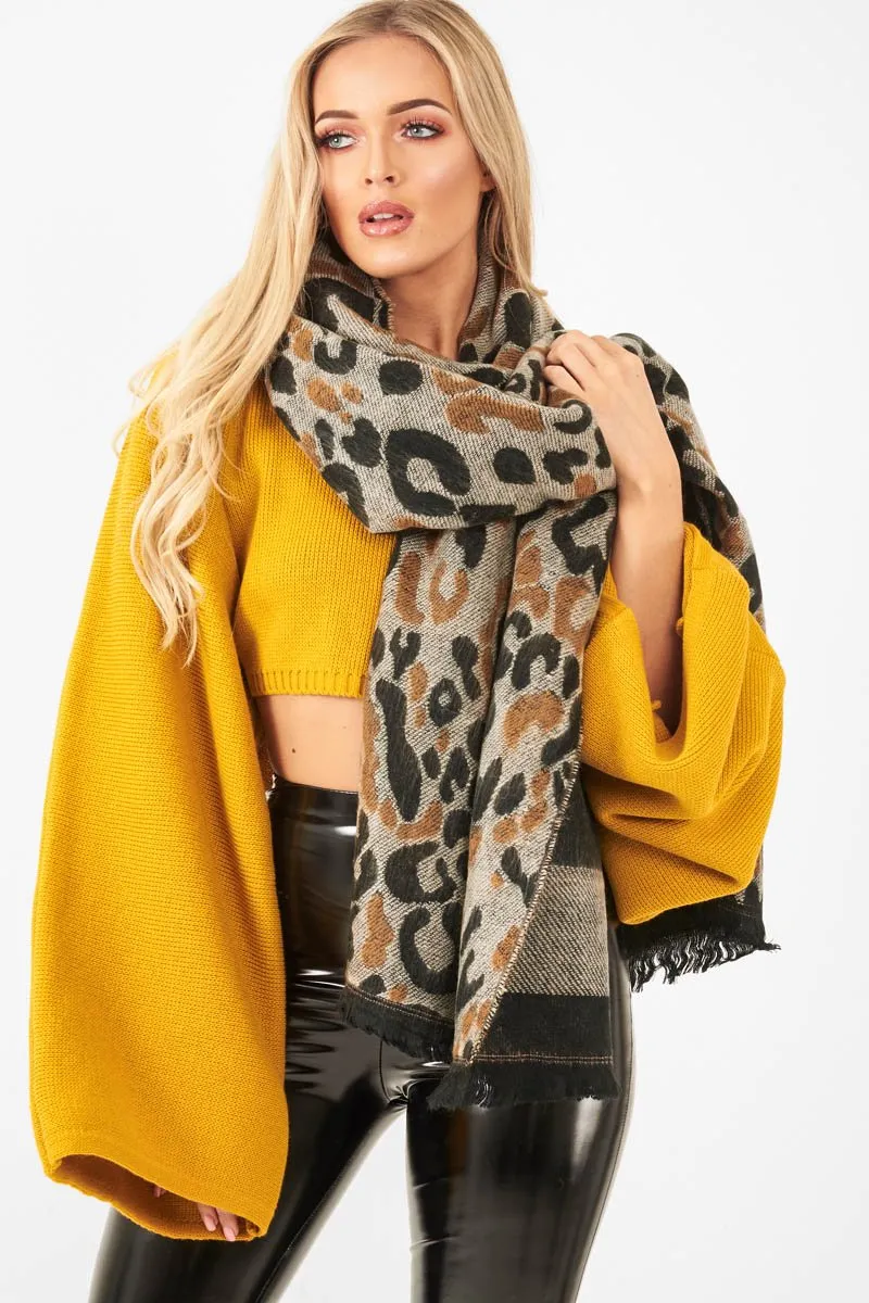 Beige Black Leopard Print Knit Scarf - Addelyn