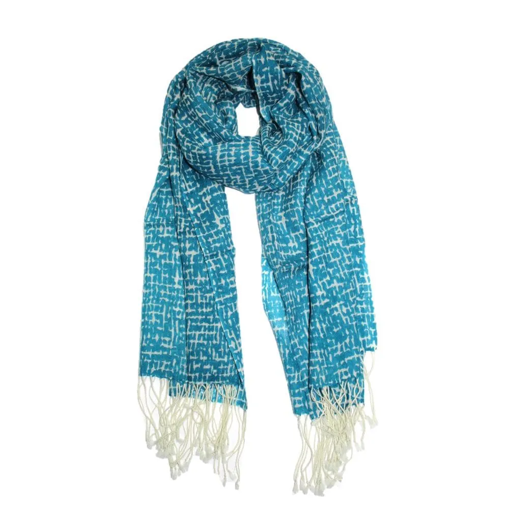 Checkerboard Print Wool Scarf - Blue