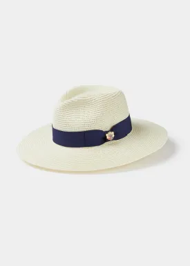 Emelle Straw Hat With Navy Blue Ribbon.