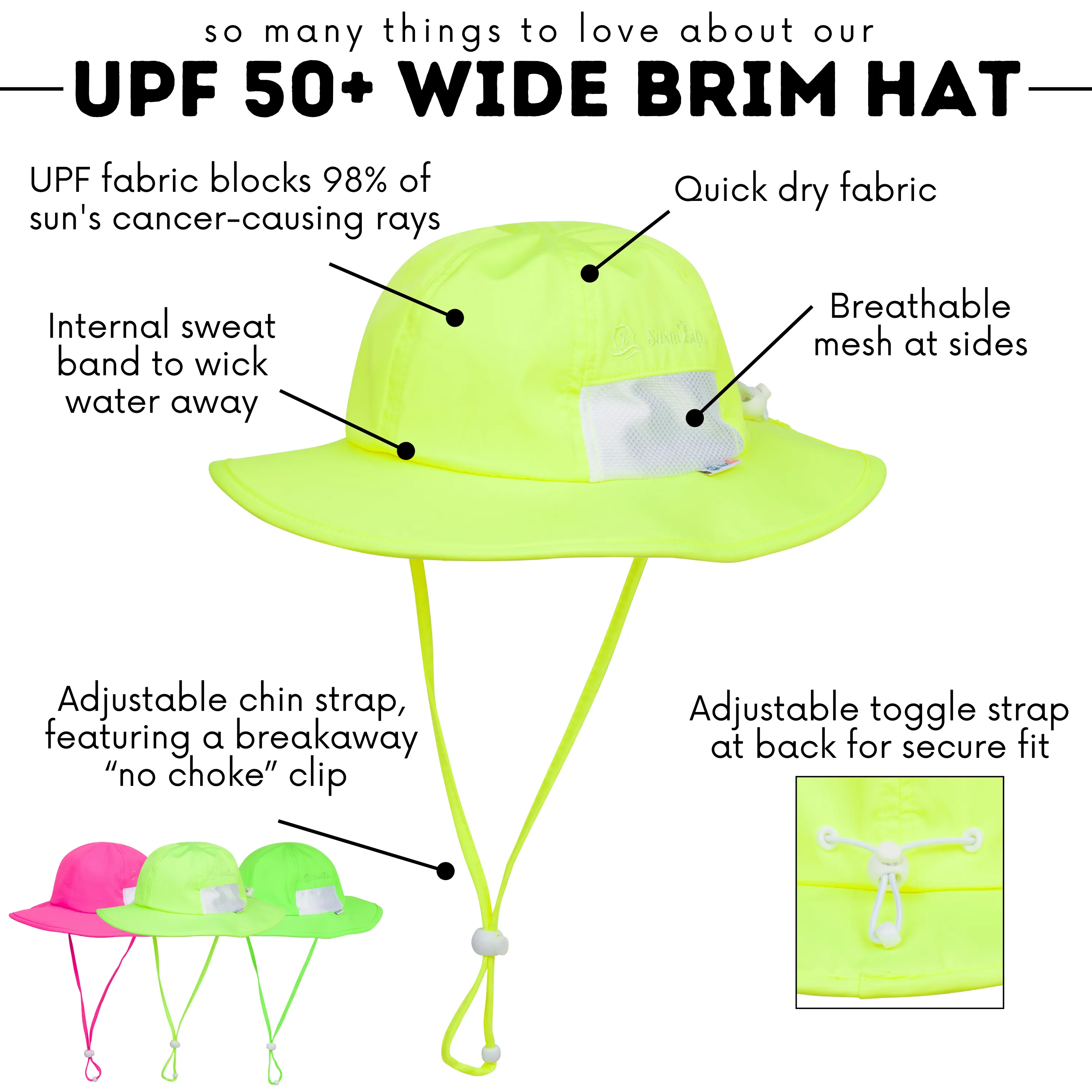 Kids Wide Brim Sun Hat "Fun Sun Day Play Hat" - Neon Lemon Yellow