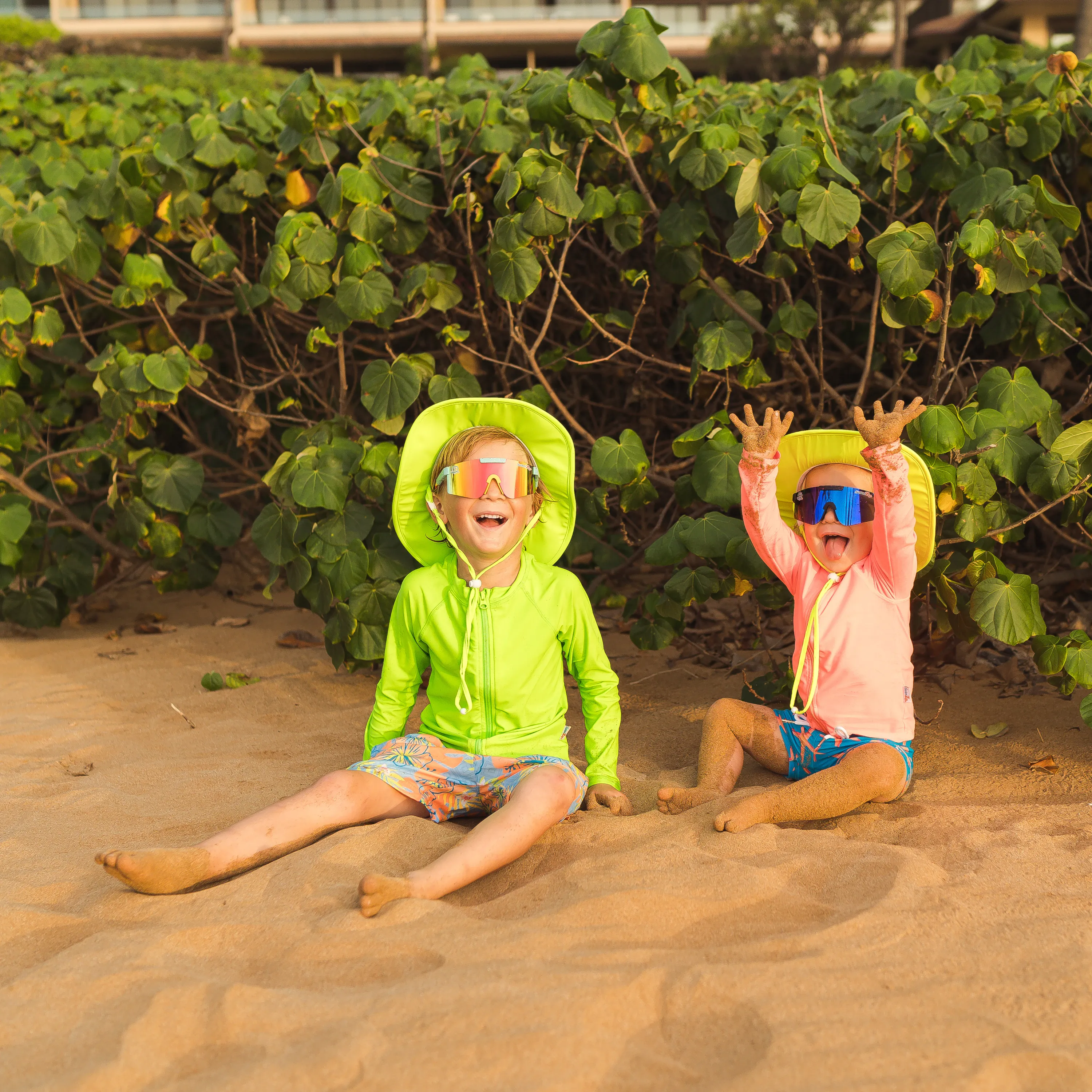 Kids Wide Brim Sun Hat "Fun Sun Day Play Hat" - Neon Lemon Yellow