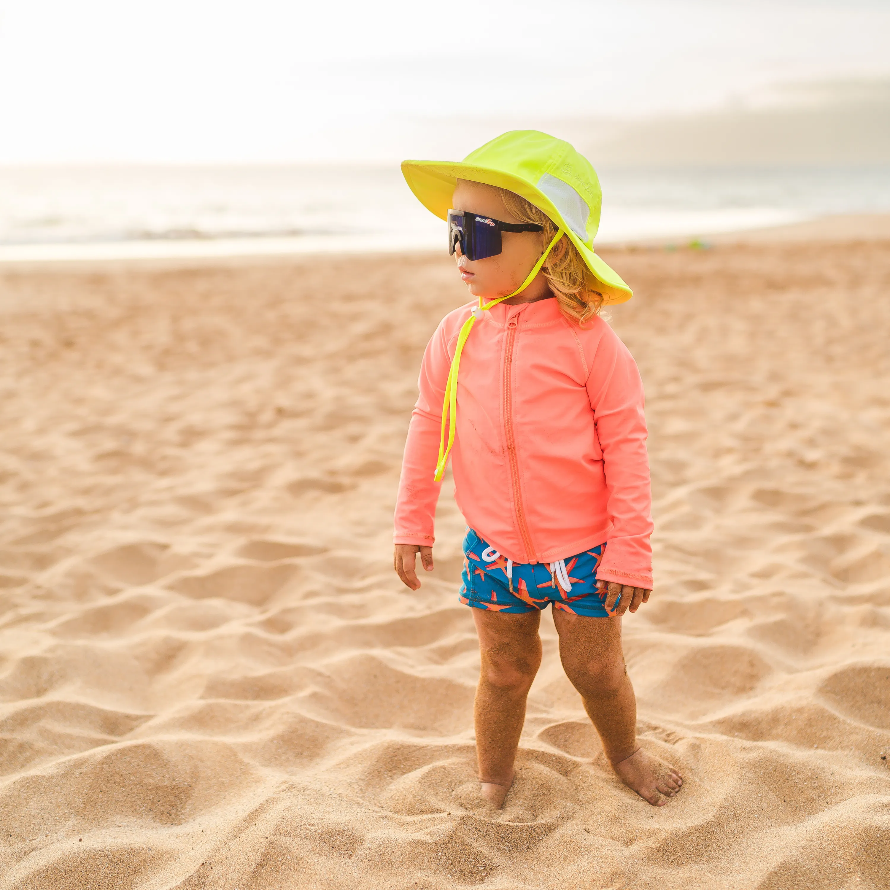 Kids Wide Brim Sun Hat "Fun Sun Day Play Hat" - Neon Lemon Yellow