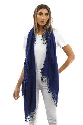 Lace Pom Pom Wool/Silk Scarf-Navy