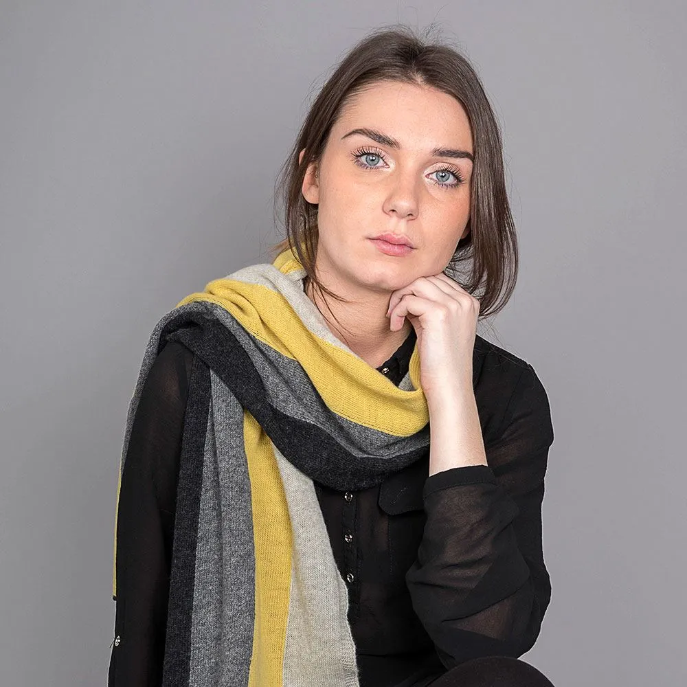 Ladies Lambswool Block Stripe Scarf - Brass