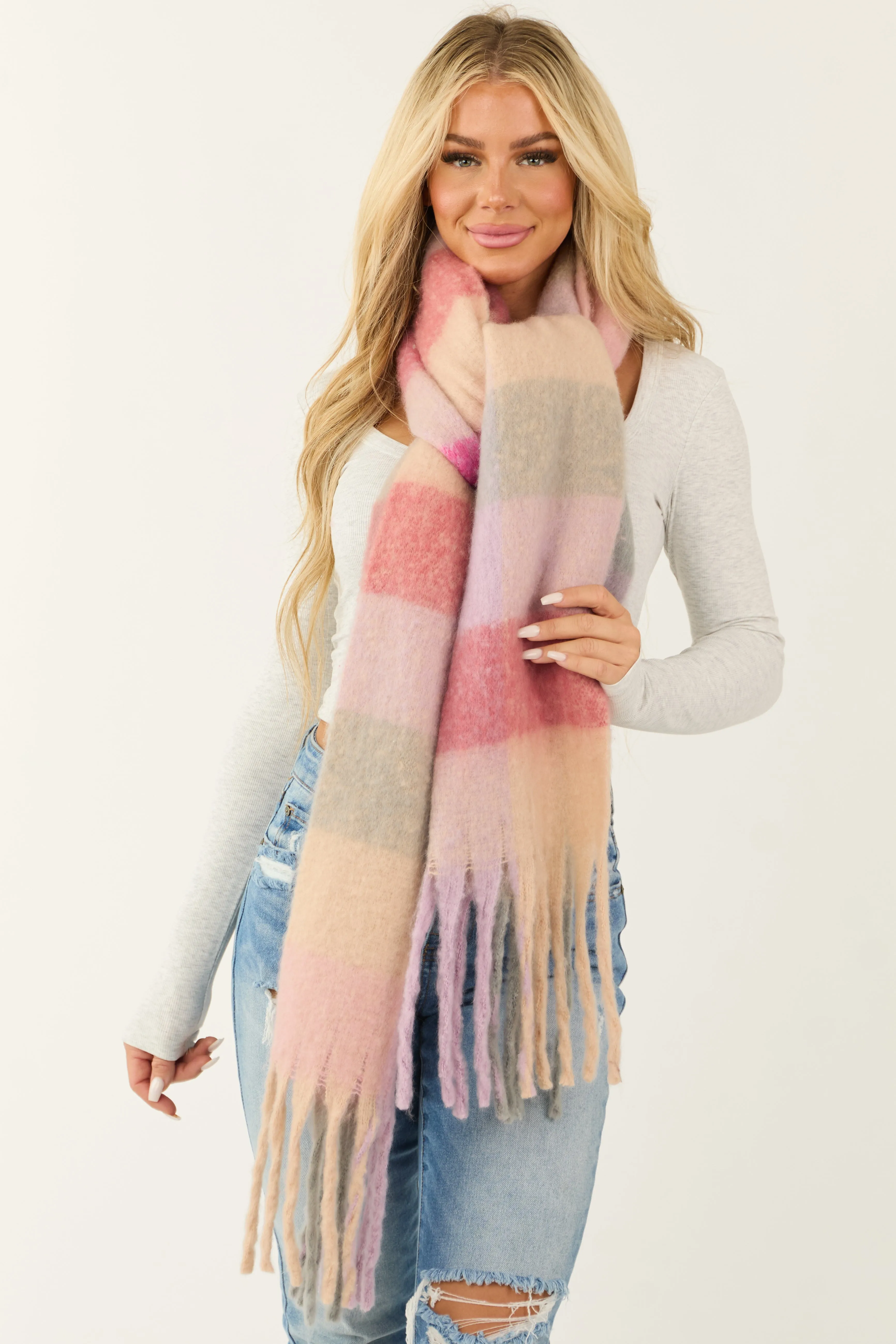 Mauve Plaid Cozy Oversized Long Fringe Scarf