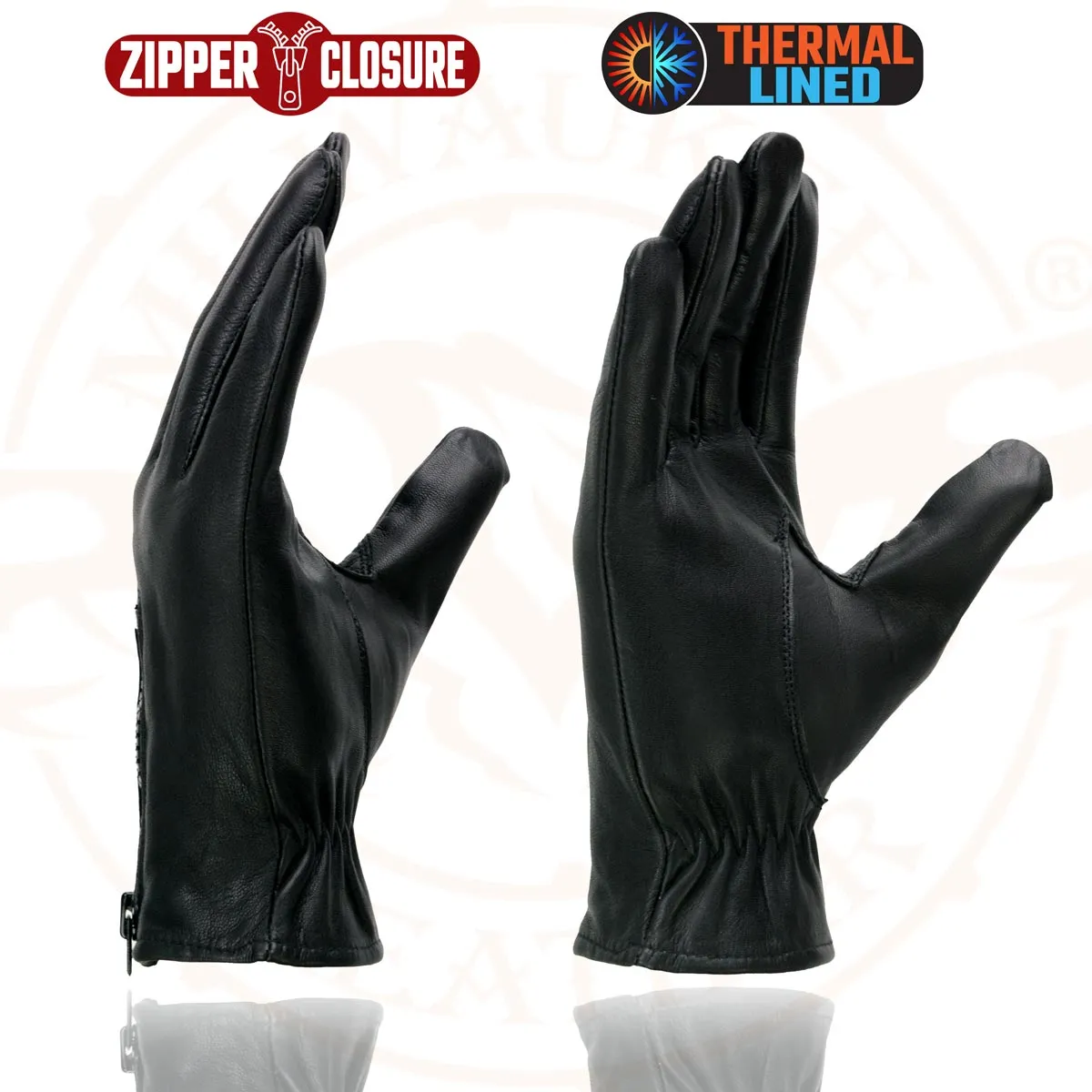 Milwaukee Leather SH226TH Men's Black Thermal Lined Leather Motorcycle Hand Gloves W/ Wrist Zipper Closure