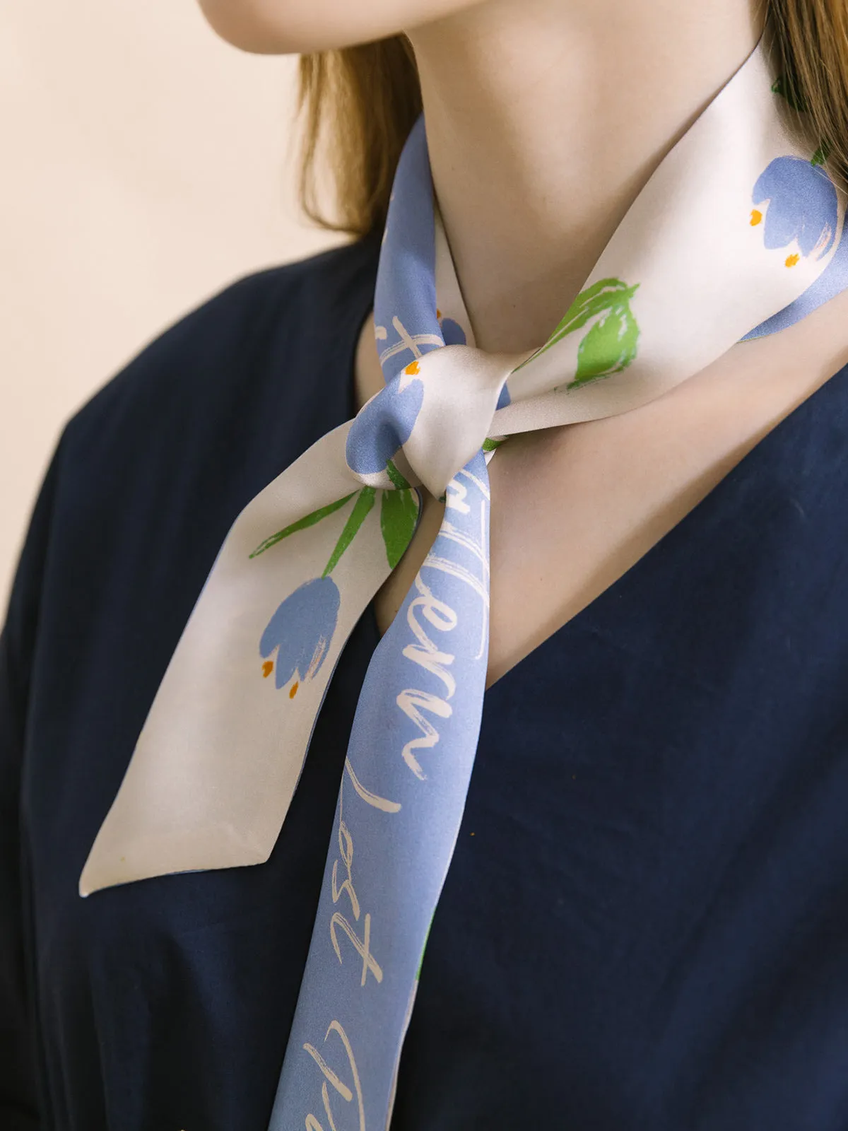 "Tulip" Silk Skinny Scarf - Sky Blue