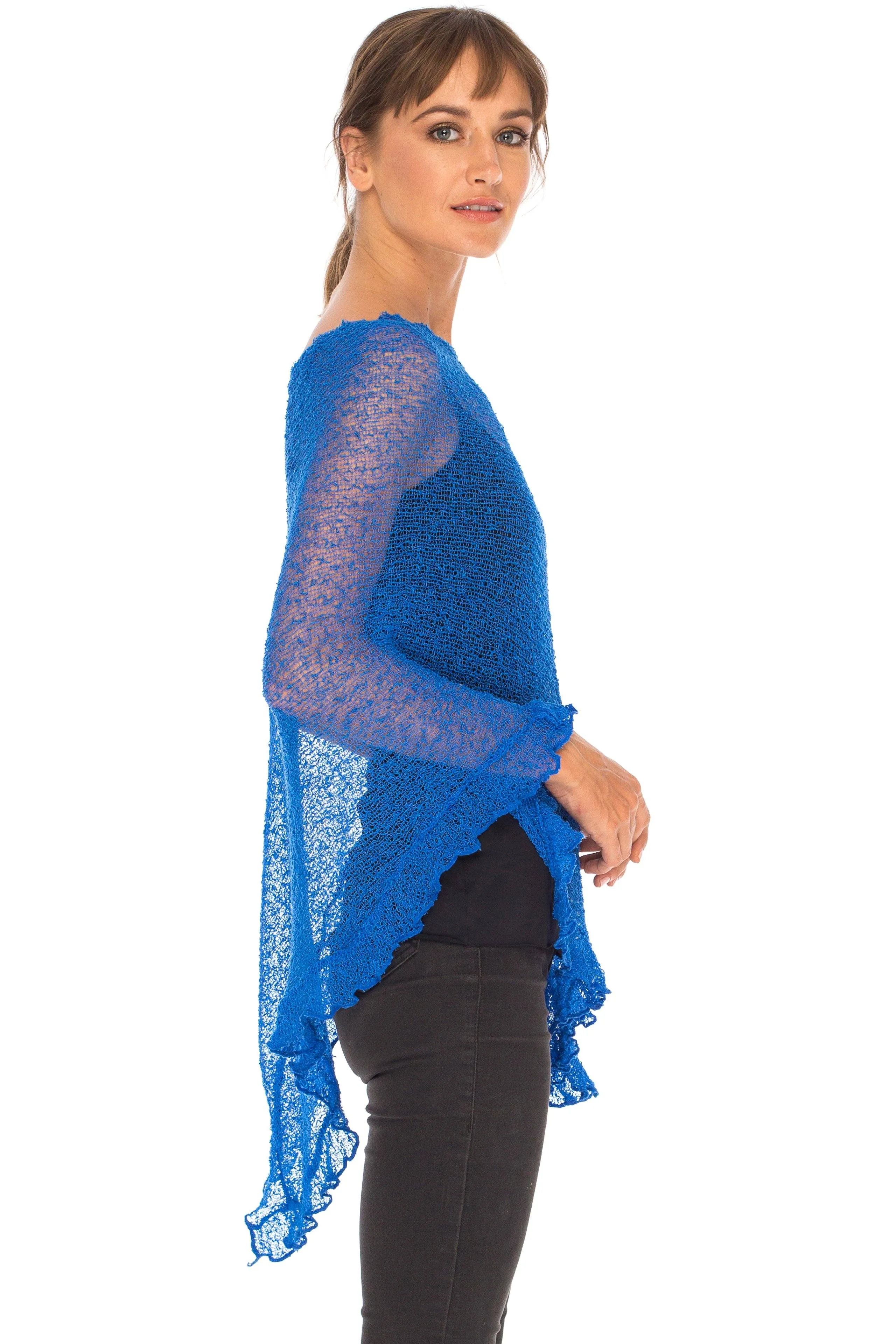 SHU-SHI Womens Sheer Poncho Shrug Lightweight Knit Ruffle Pullover Sweater Top