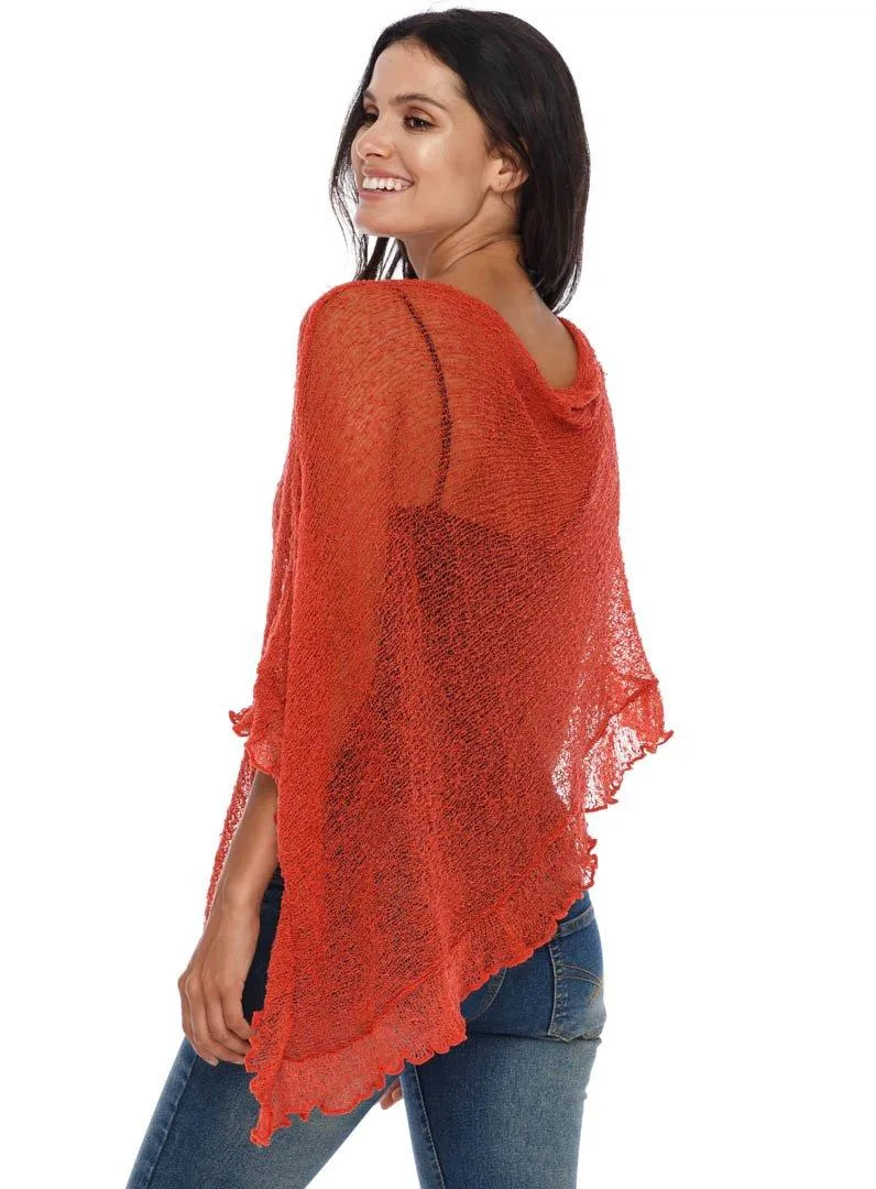 SHU-SHI Womens Sheer Poncho Shrug Lightweight Knit Ruffle Pullover Sweater Top