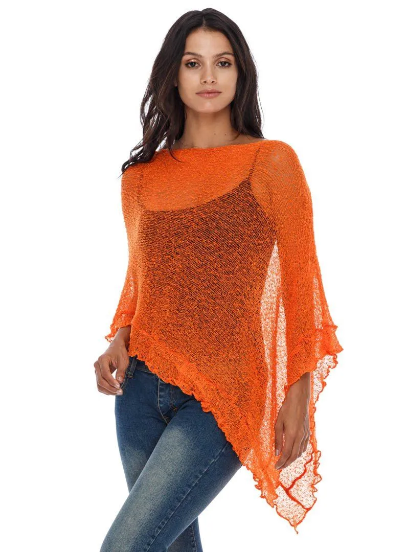 SHU-SHI Womens Sheer Poncho Shrug Lightweight Knit Ruffle Pullover Sweater Top