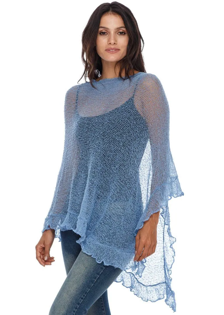 SHU-SHI Womens Sheer Poncho Shrug Lightweight Knit Ruffle Pullover Sweater Top