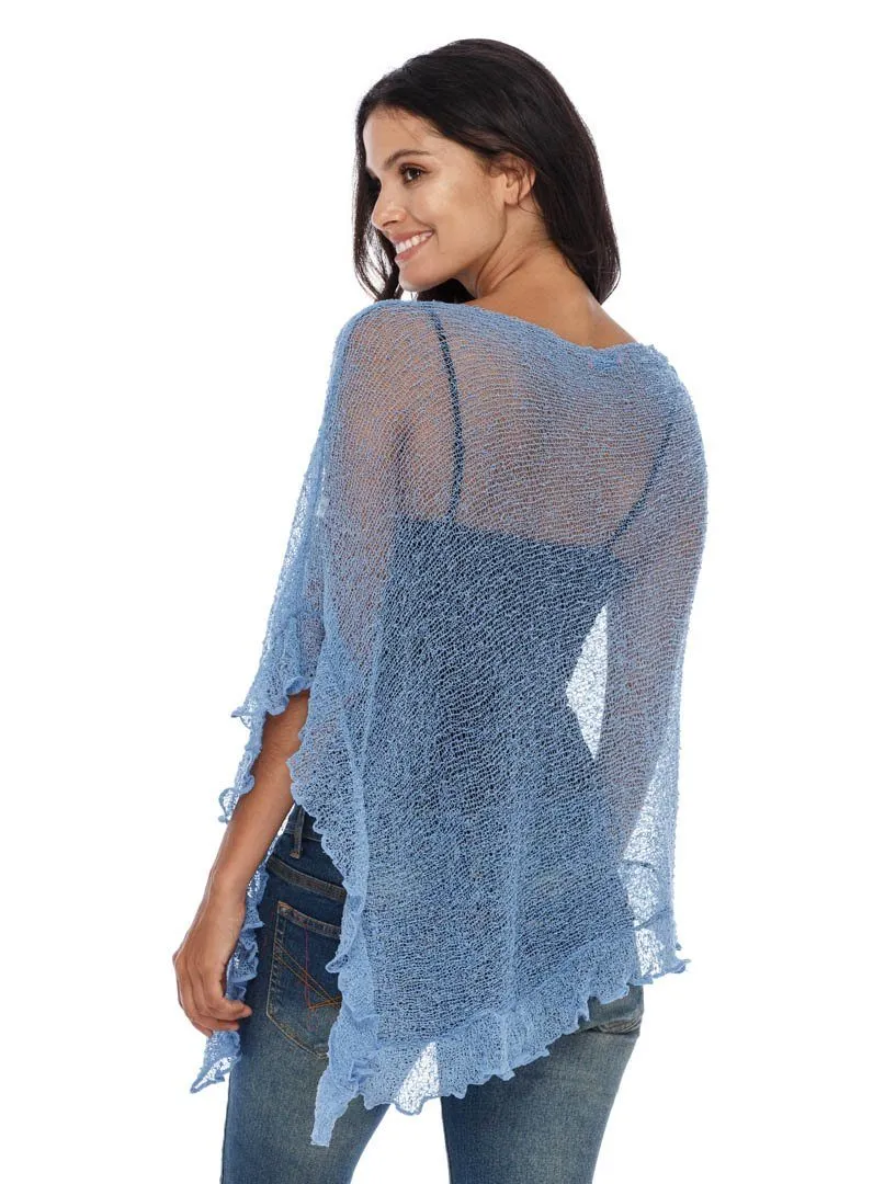 SHU-SHI Womens Sheer Poncho Shrug Lightweight Knit Ruffle Pullover Sweater Top