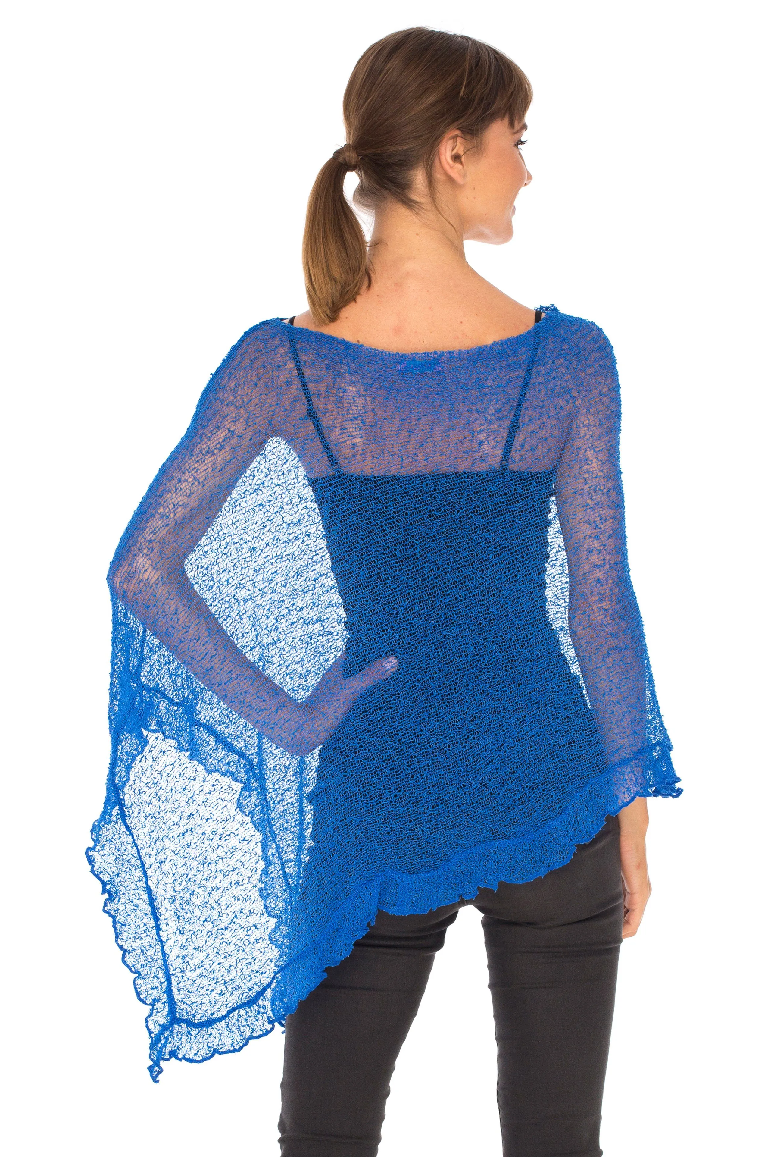 SHU-SHI Womens Sheer Poncho Shrug Lightweight Knit Ruffle Pullover Sweater Top