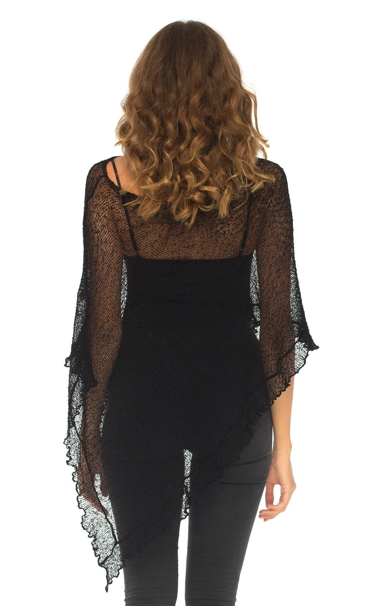 SHU-SHI Womens Sheer Poncho Shrug Lightweight Knit Ruffle Pullover Sweater Top