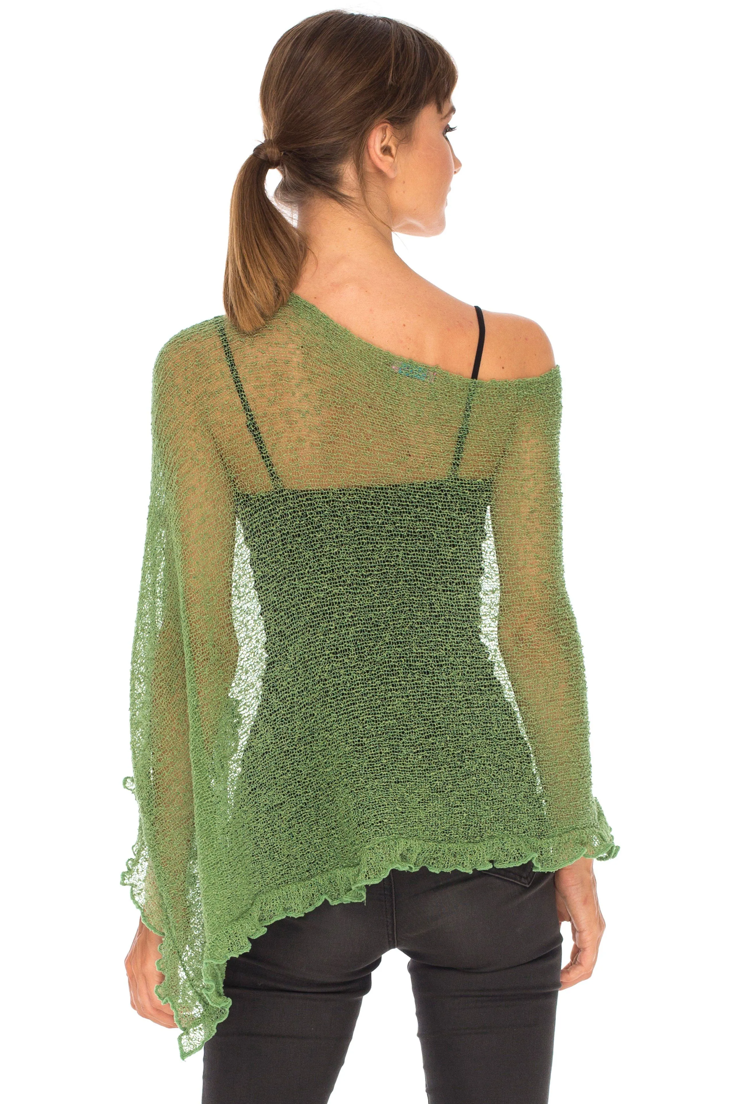 SHU-SHI Womens Sheer Poncho Shrug Lightweight Knit Ruffle Pullover Sweater Top