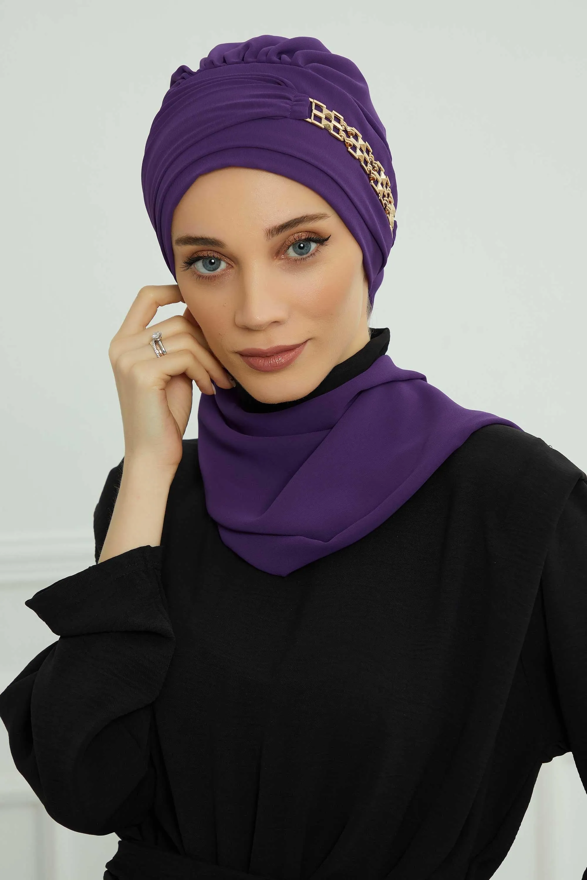 Stylish Instant Turban with Elegant Gold Chain Detail made from High Quality Chiffon Fabric, Breathable Headscarf Turban For Women,HT-28