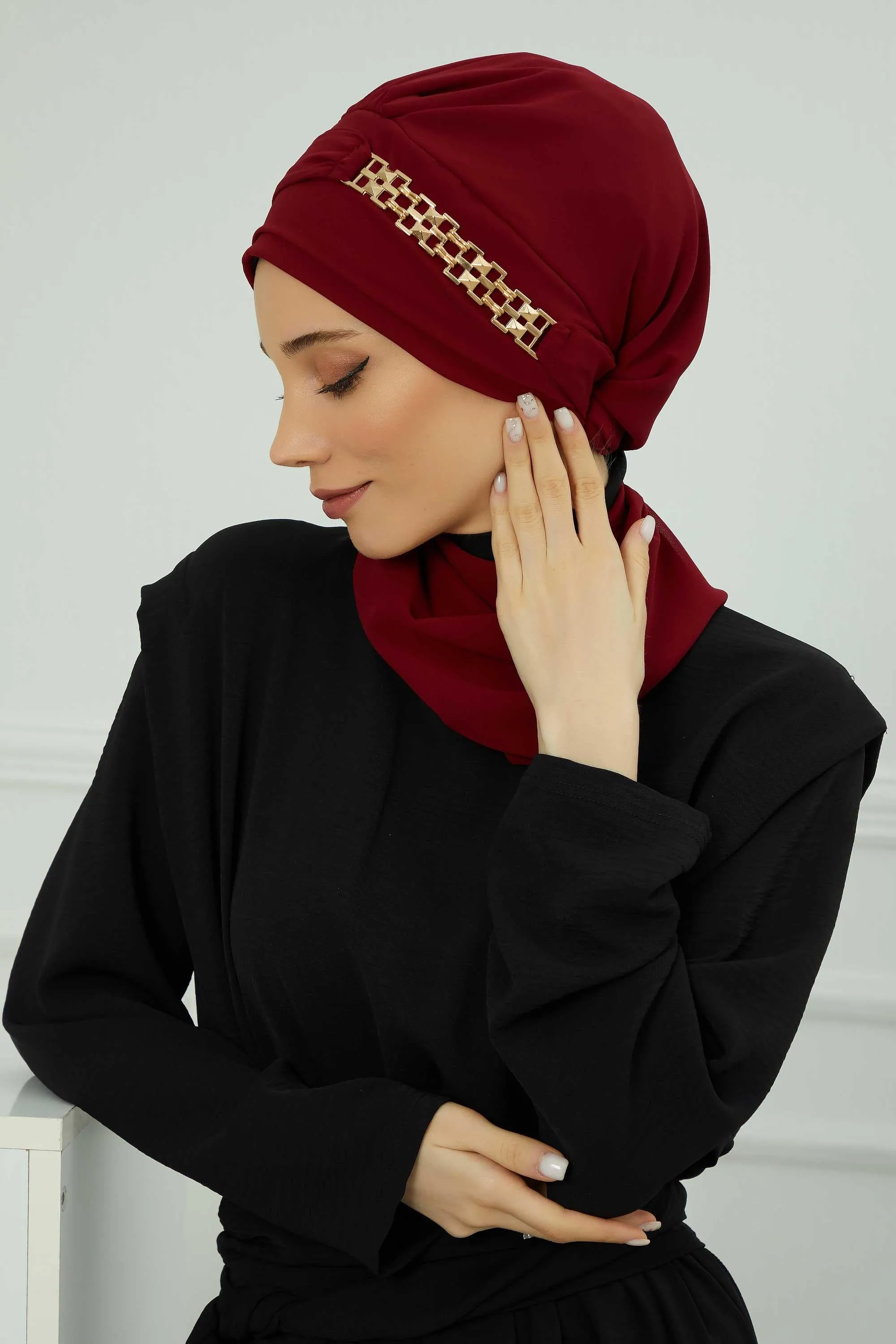 Stylish Instant Turban with Elegant Gold Chain Detail made from High Quality Chiffon Fabric, Breathable Headscarf Turban For Women,HT-28