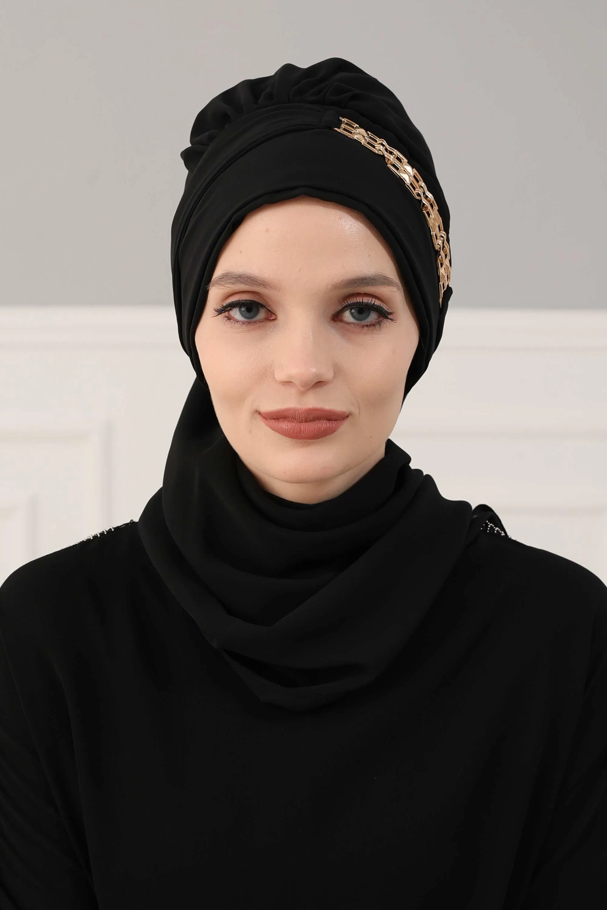 Stylish Instant Turban with Elegant Gold Chain Detail made from High Quality Chiffon Fabric, Breathable Headscarf Turban For Women,HT-28