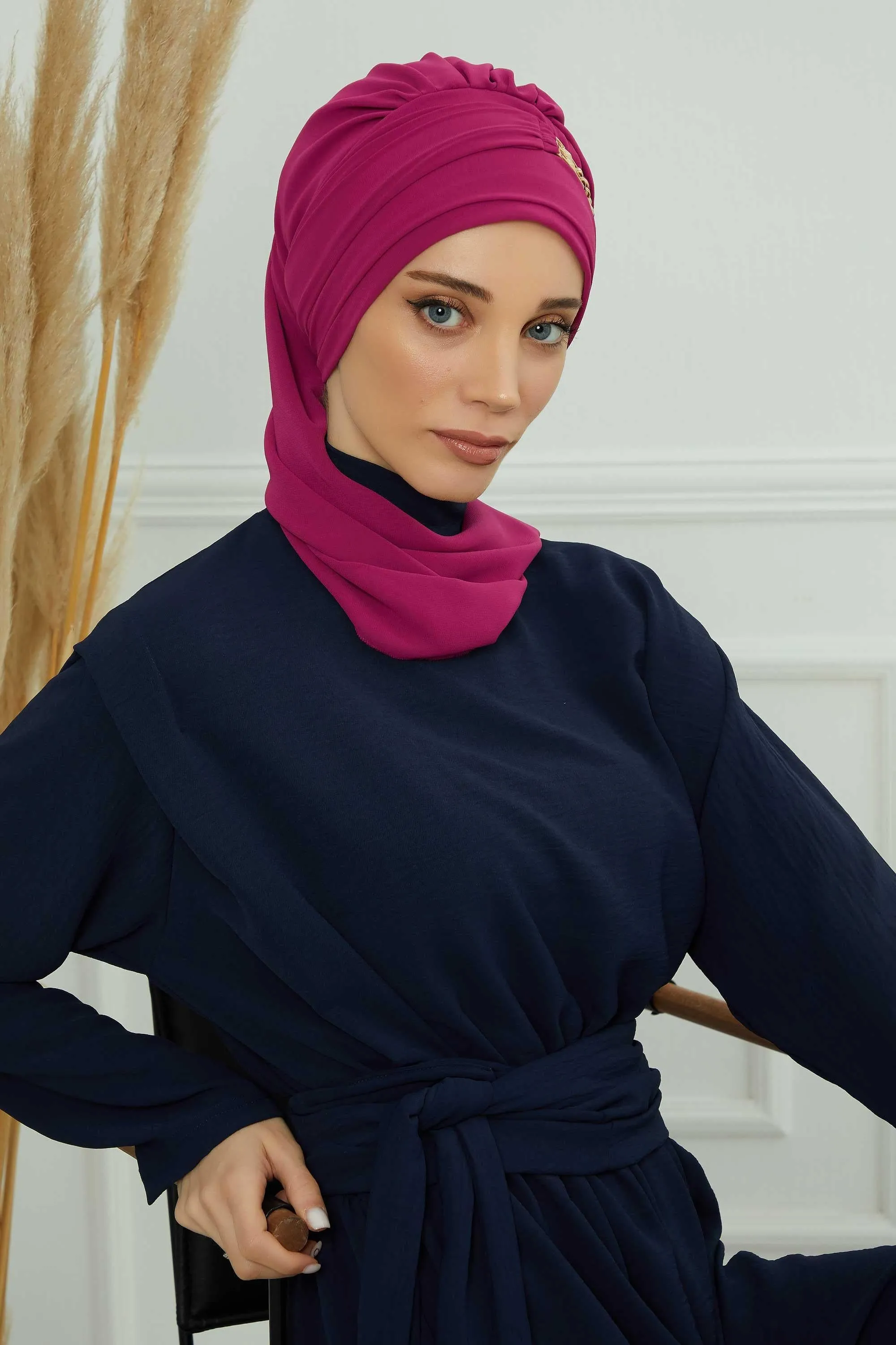 Stylish Instant Turban with Elegant Gold Chain Detail made from High Quality Chiffon Fabric, Breathable Headscarf Turban For Women,HT-28