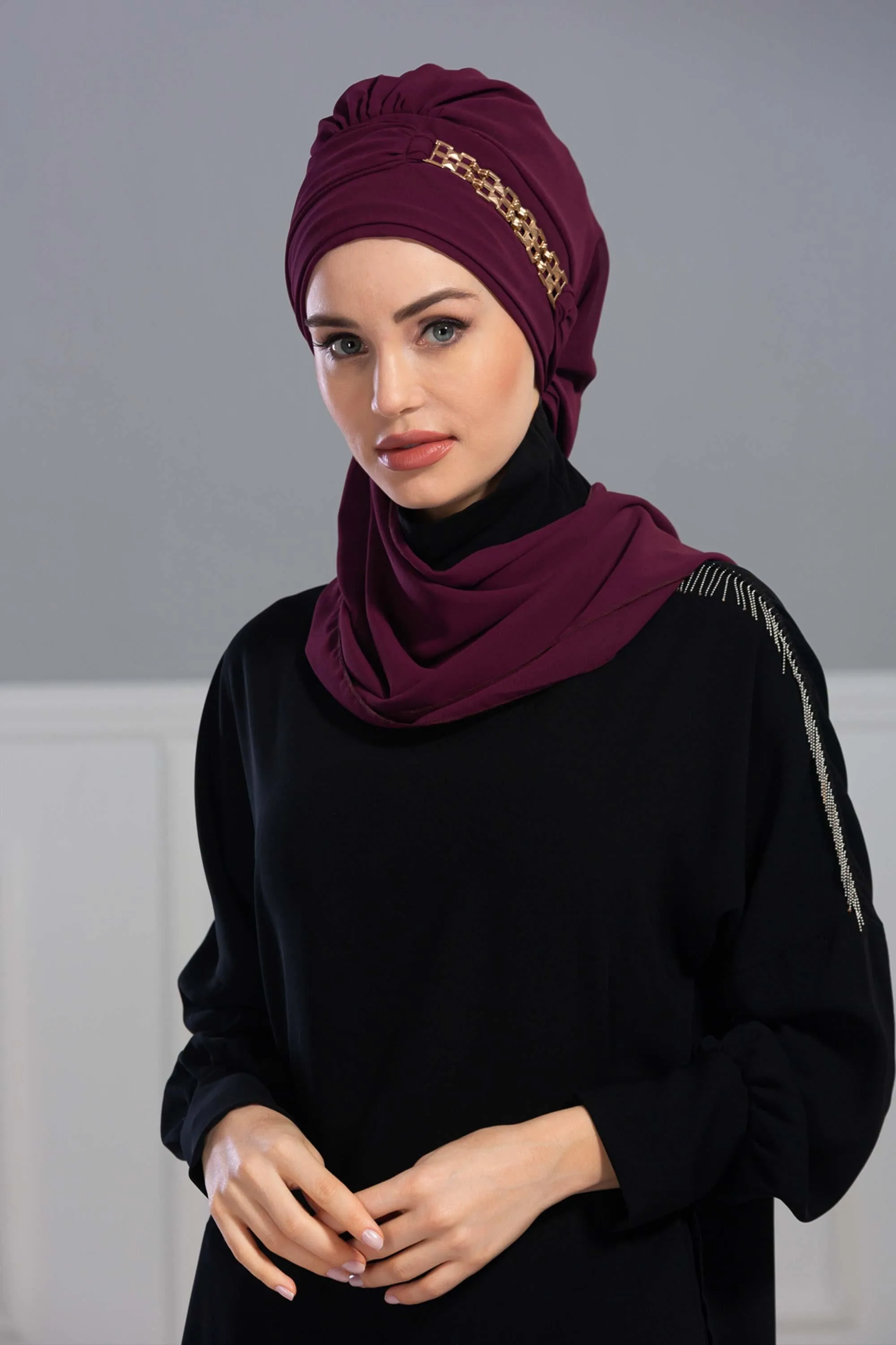 Stylish Instant Turban with Elegant Gold Chain Detail made from High Quality Chiffon Fabric, Breathable Headscarf Turban For Women,HT-28