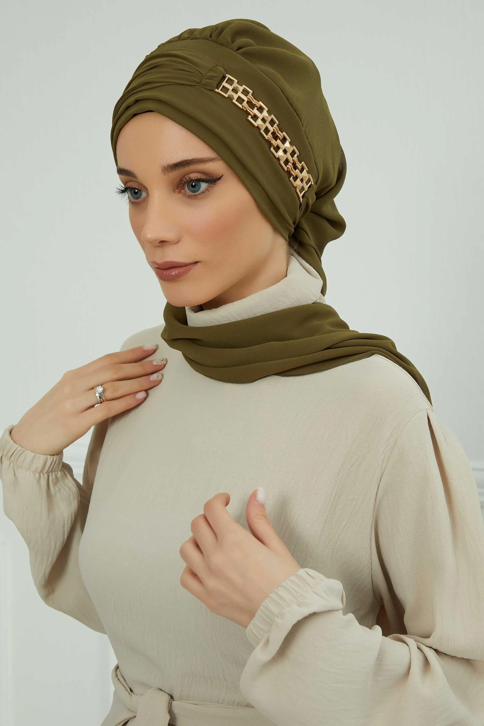 Stylish Instant Turban with Elegant Gold Chain Detail made from High Quality Chiffon Fabric, Breathable Headscarf Turban For Women,HT-28