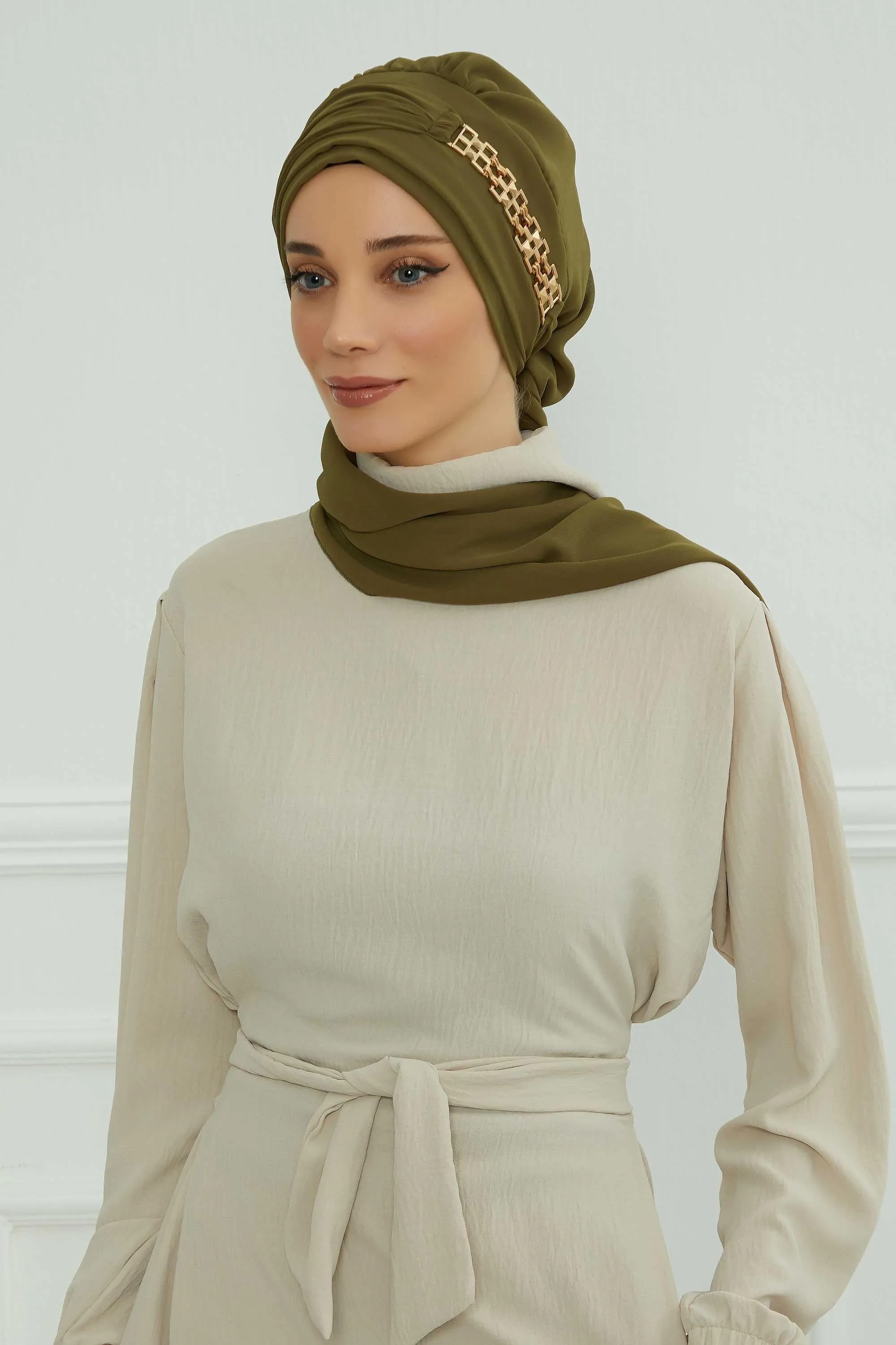 Stylish Instant Turban with Elegant Gold Chain Detail made from High Quality Chiffon Fabric, Breathable Headscarf Turban For Women,HT-28