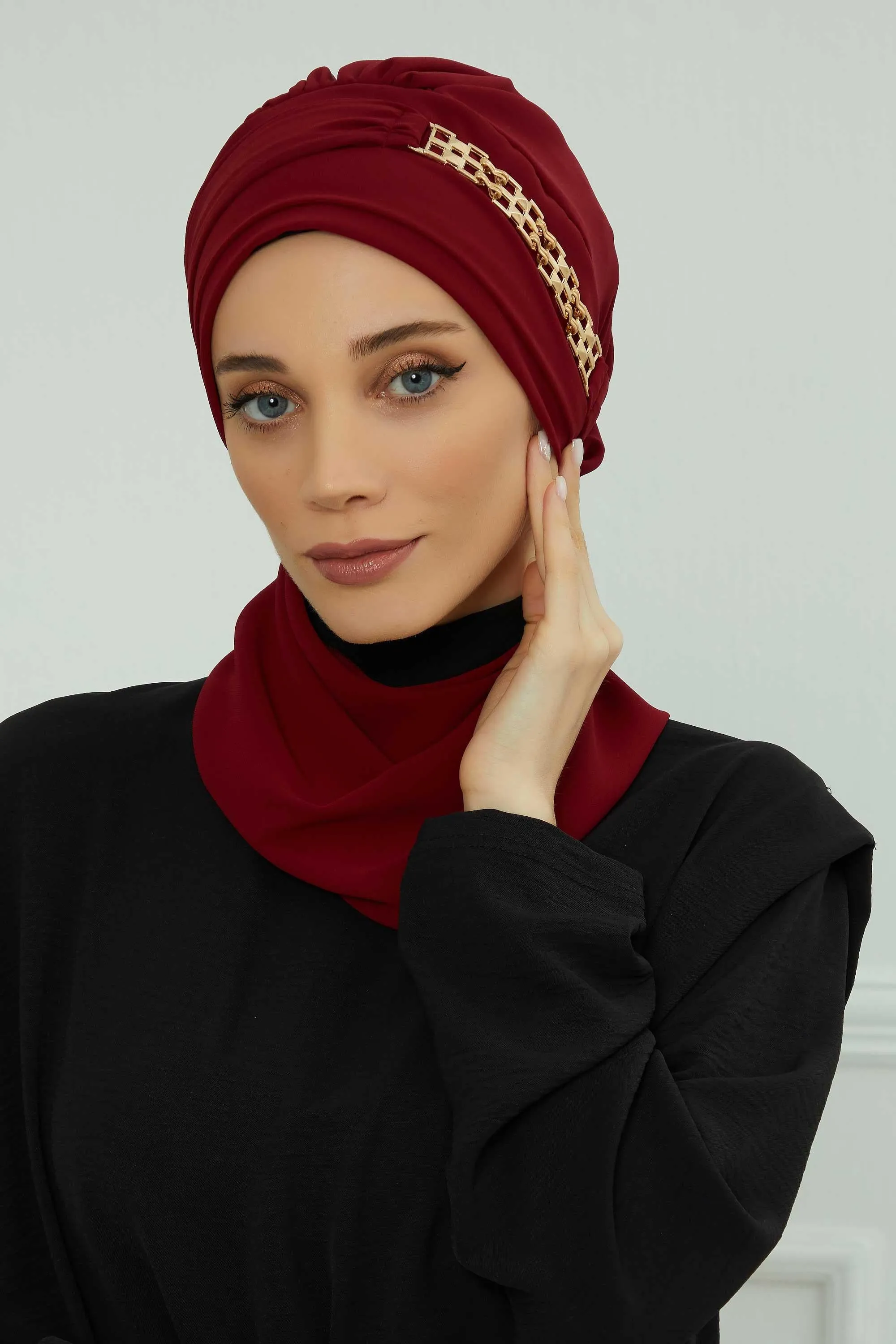 Stylish Instant Turban with Elegant Gold Chain Detail made from High Quality Chiffon Fabric, Breathable Headscarf Turban For Women,HT-28