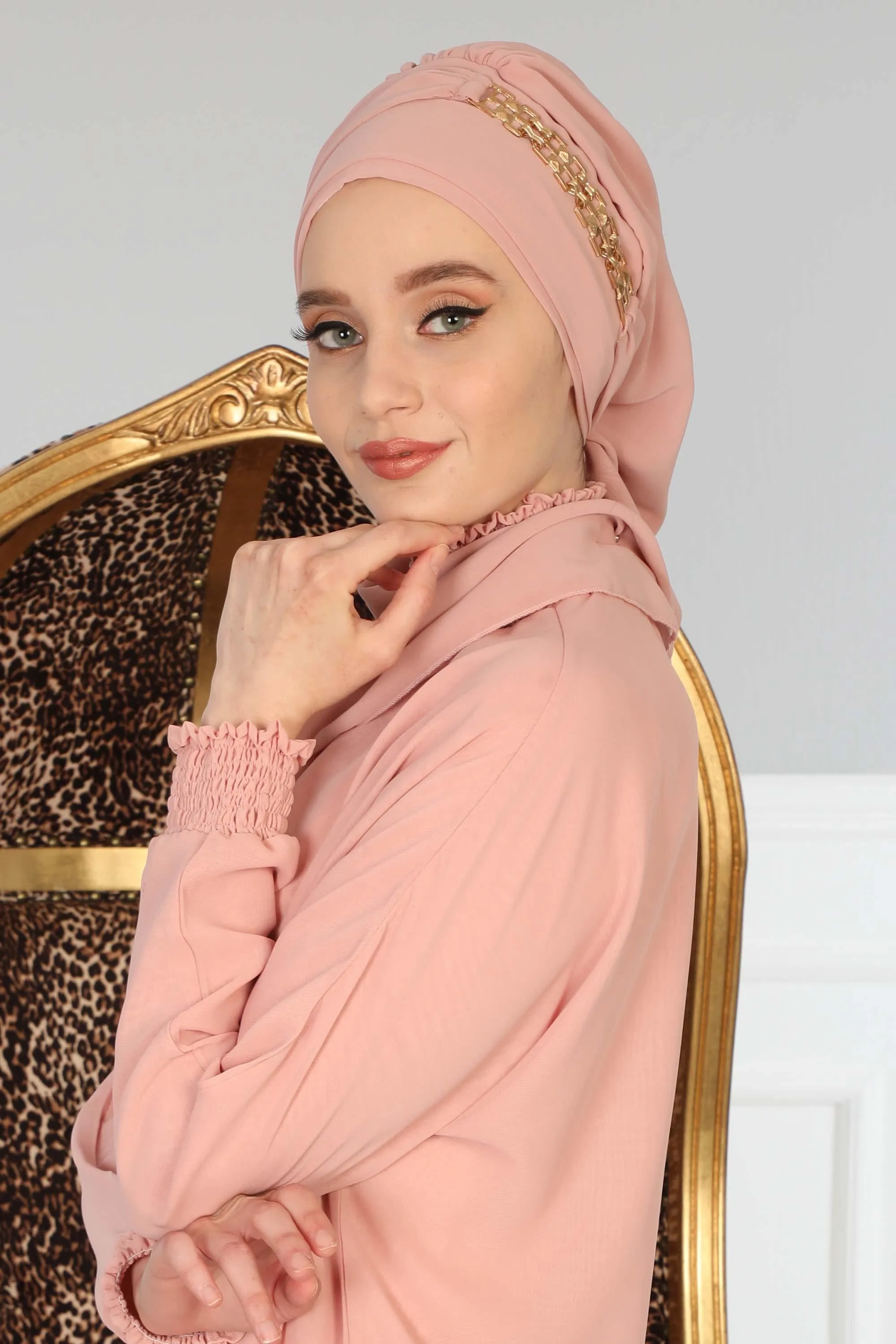 Stylish Instant Turban with Elegant Gold Chain Detail made from High Quality Chiffon Fabric, Breathable Headscarf Turban For Women,HT-28