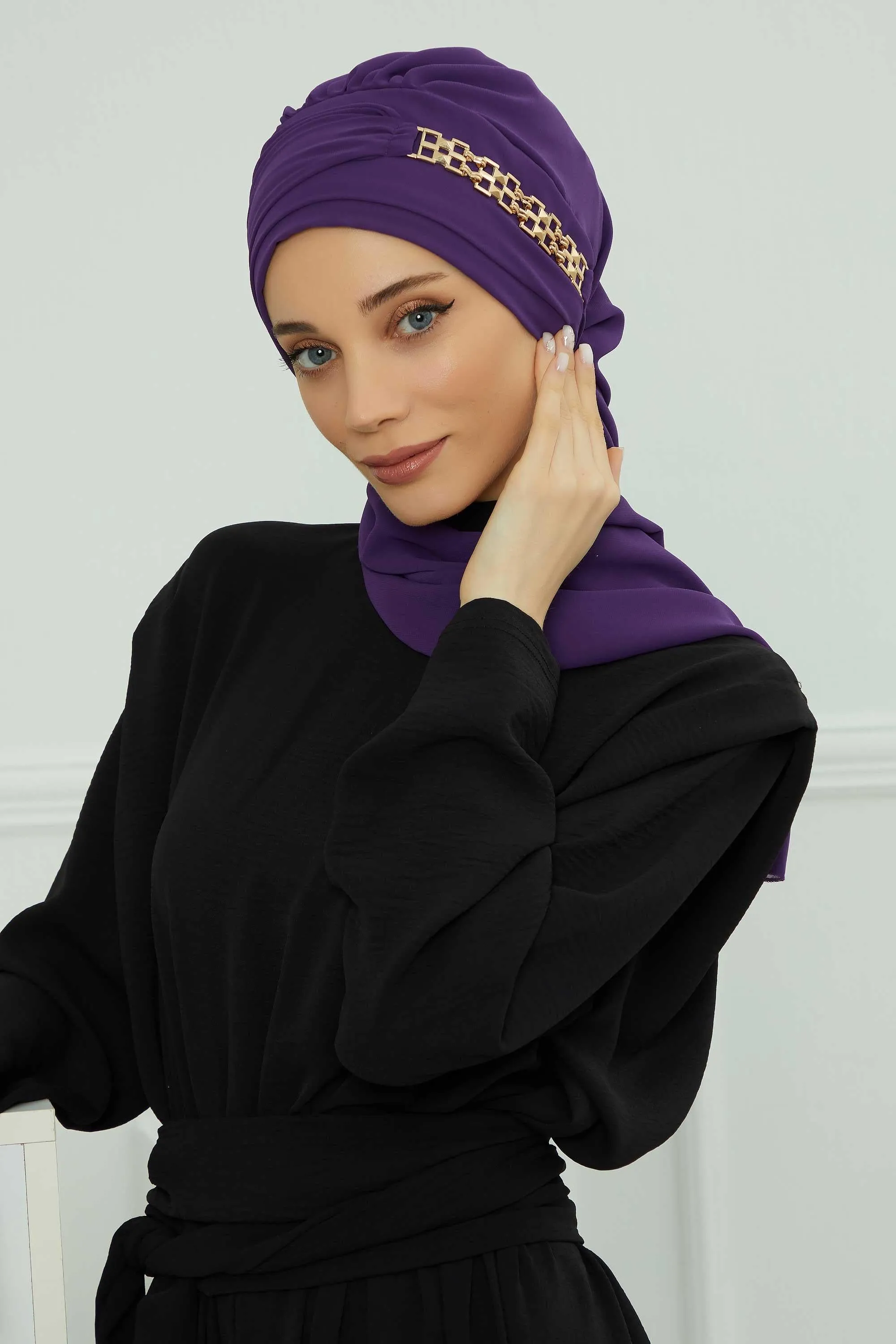 Stylish Instant Turban with Elegant Gold Chain Detail made from High Quality Chiffon Fabric, Breathable Headscarf Turban For Women,HT-28