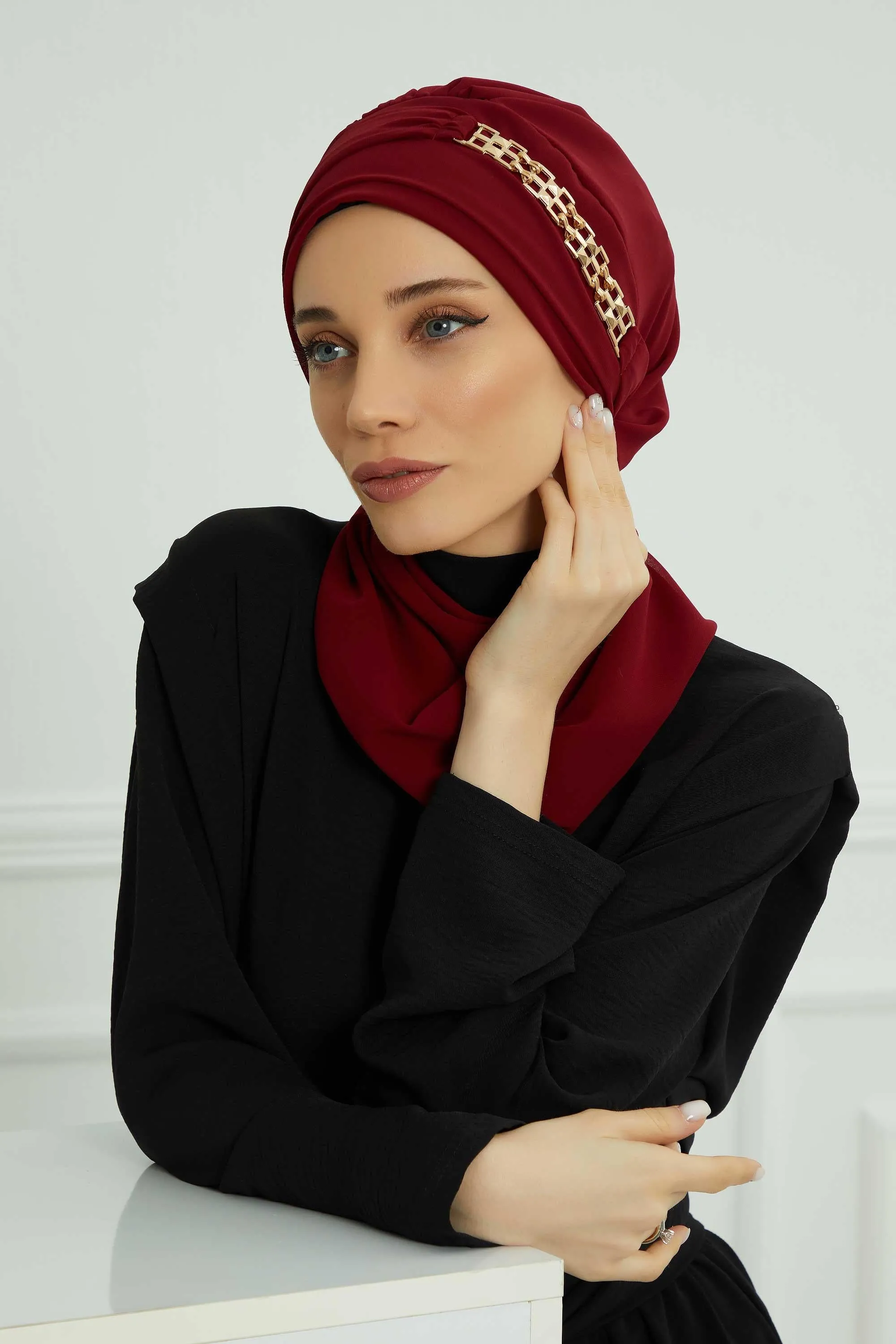 Stylish Instant Turban with Elegant Gold Chain Detail made from High Quality Chiffon Fabric, Breathable Headscarf Turban For Women,HT-28