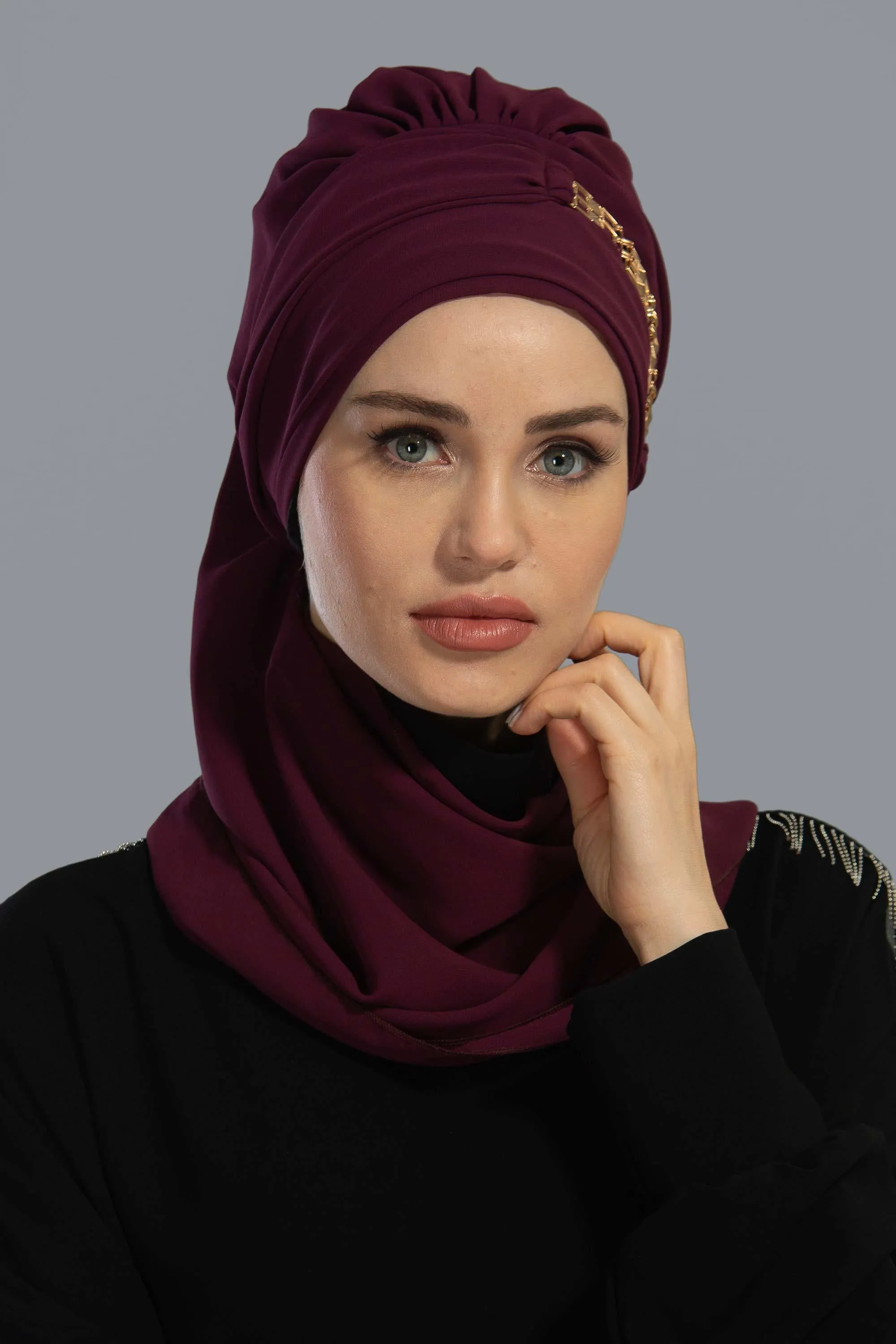 Stylish Instant Turban with Elegant Gold Chain Detail made from High Quality Chiffon Fabric, Breathable Headscarf Turban For Women,HT-28